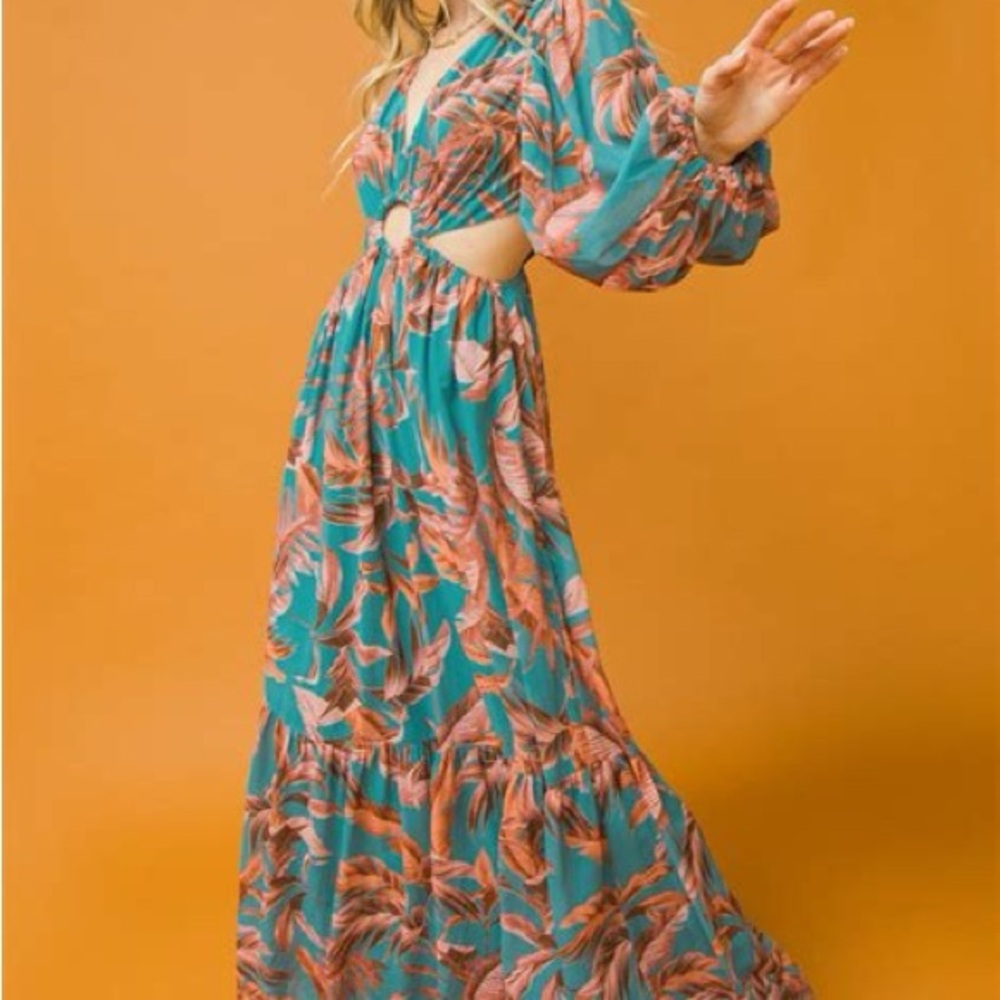 Blue and Pink Maxi Sundress with Plunge Neckline